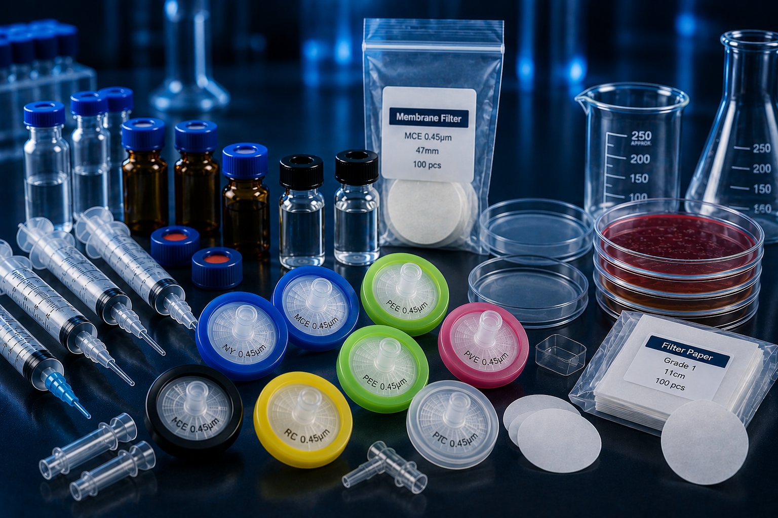 Catálogo de consumibles e insumos de laboratorio: viales, filtros de jeringa, placas Petri y papel filtro
