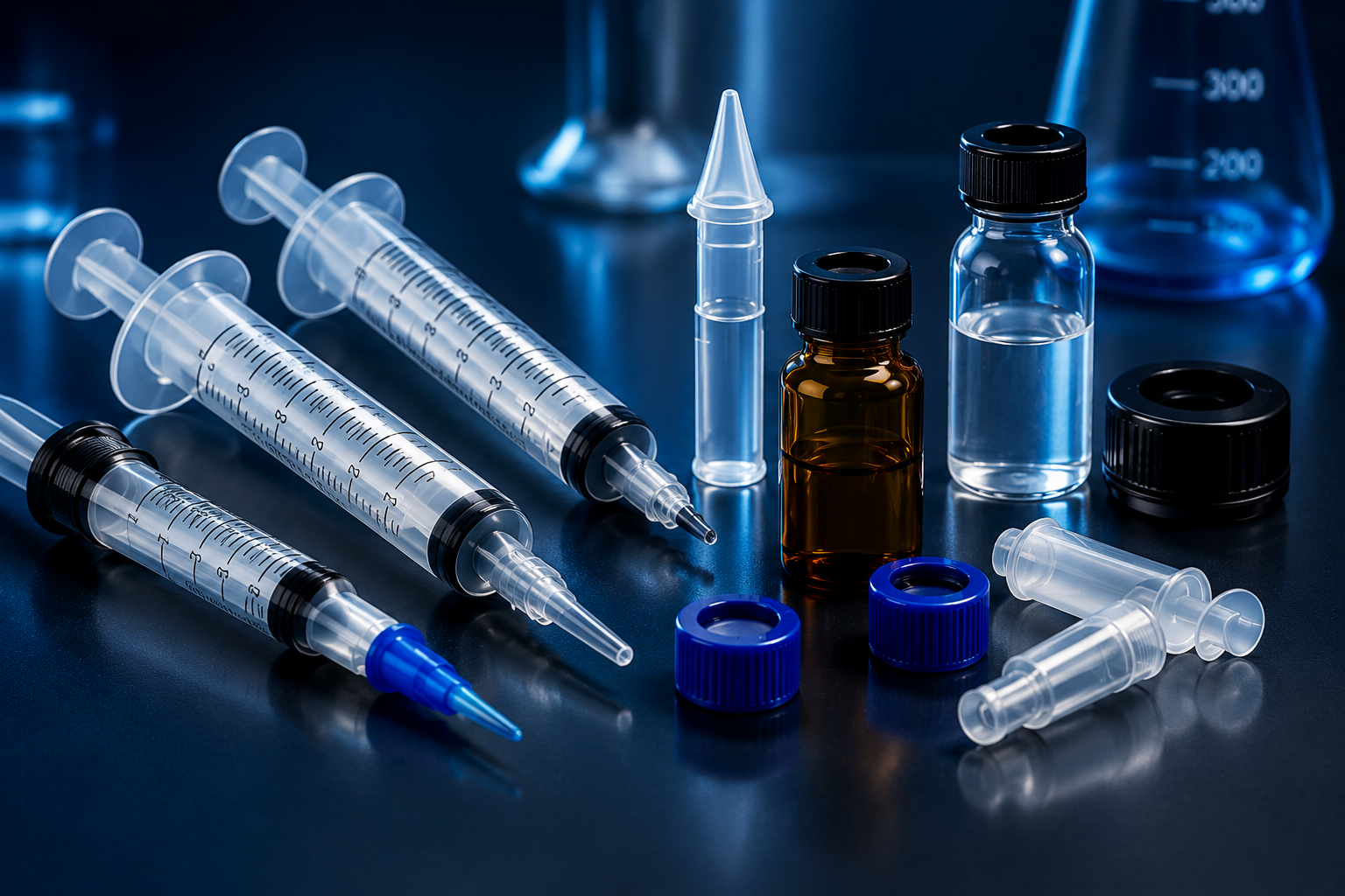 Jeringas y viales, consumibles de laboratorio farmacéutico