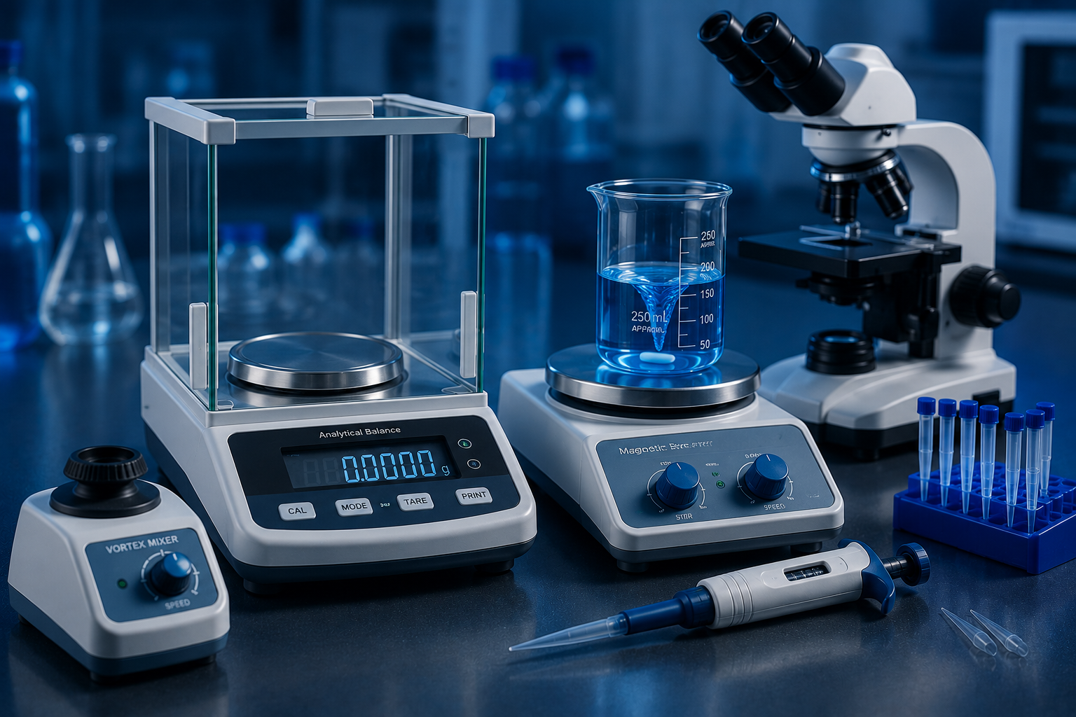 Equipos de laboratorio: balanza analítica, agitador magnético, microscopio y vortex mixer