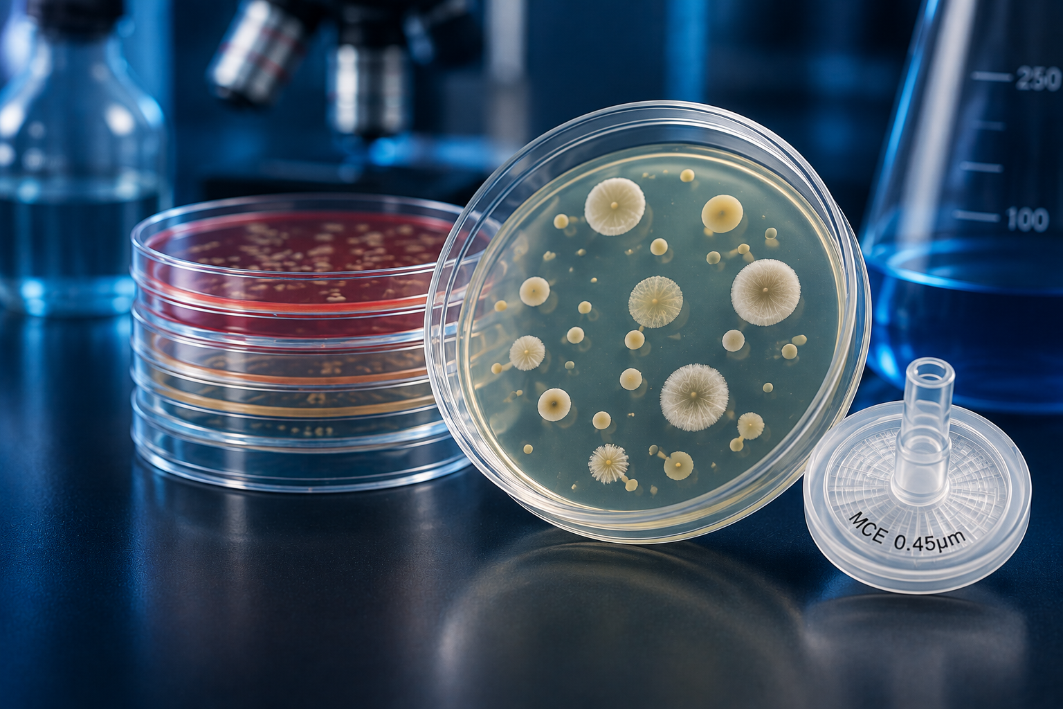 Placas Petri y filtro de membrana para microbiología de laboratorio